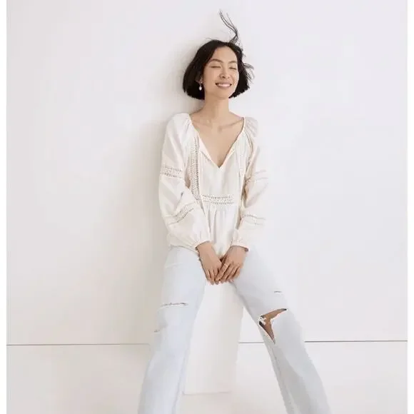 Madewell Peasant Top XS Ivory Linen-Blend Pintuck Boho Bubble Sleeves Babydoll - Picture 3 of 15